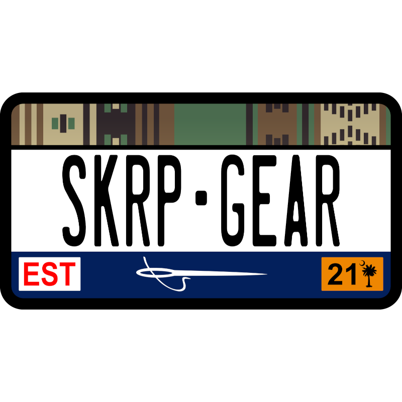 License plate-style logo with 'SKRP-GEAR' text and branding elements on a white background
